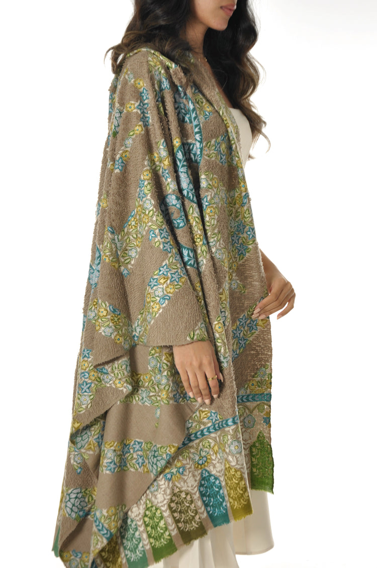 Kalamkari Towel Pashmina - Beige & Blue