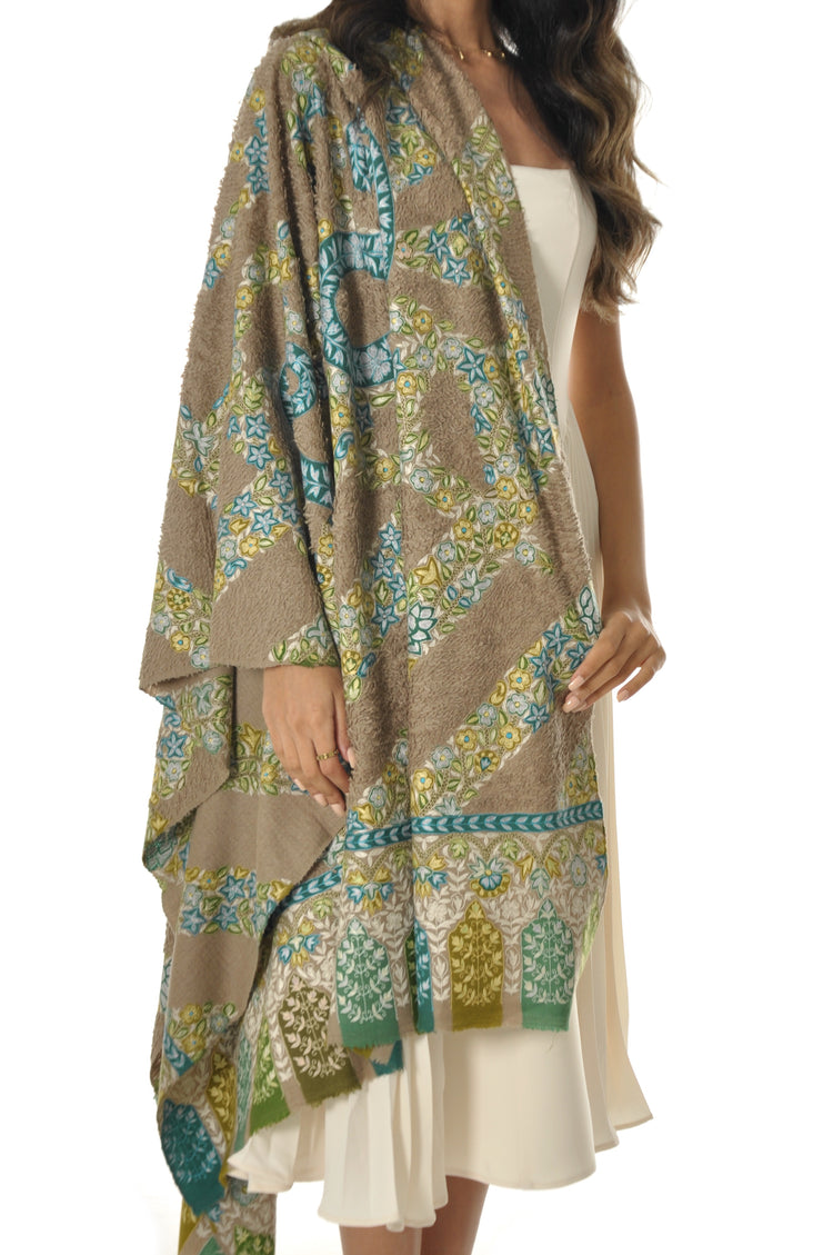 Kalamkari Towel Pashmina - Beige & Blue