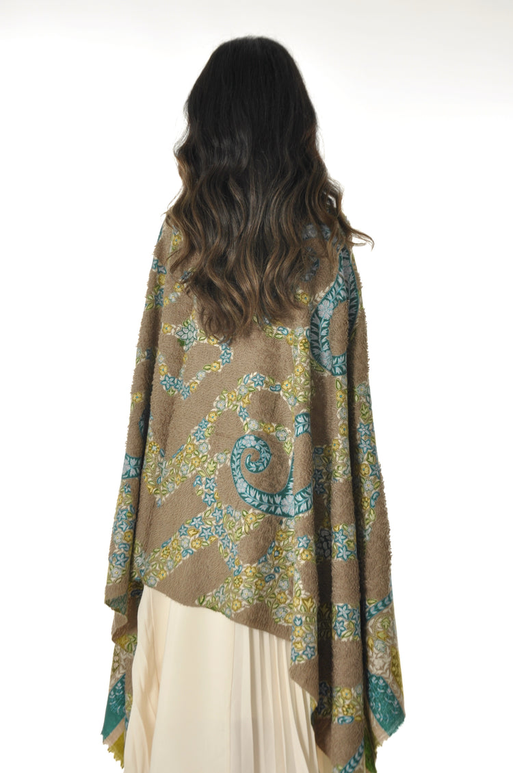 Kalamkari Towel Pashmina - Beige & Blue