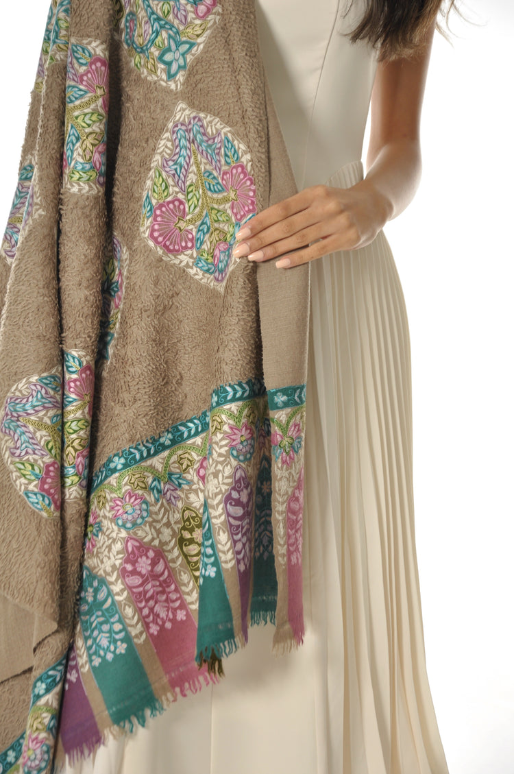 Kalamkari Towel Pashmina - Beige & Green