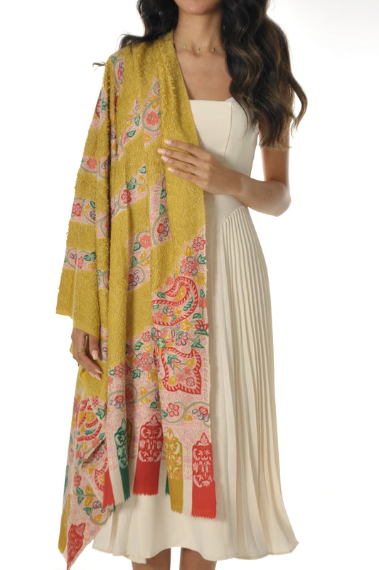 Kalamkari Towel Pashmina - Yellow & Red