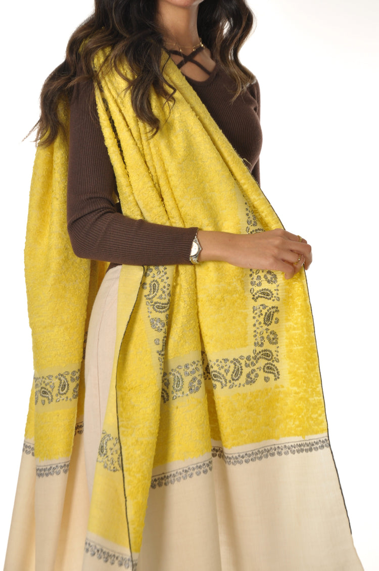 Embroidered Towel Pashmina - Yellow & Cream