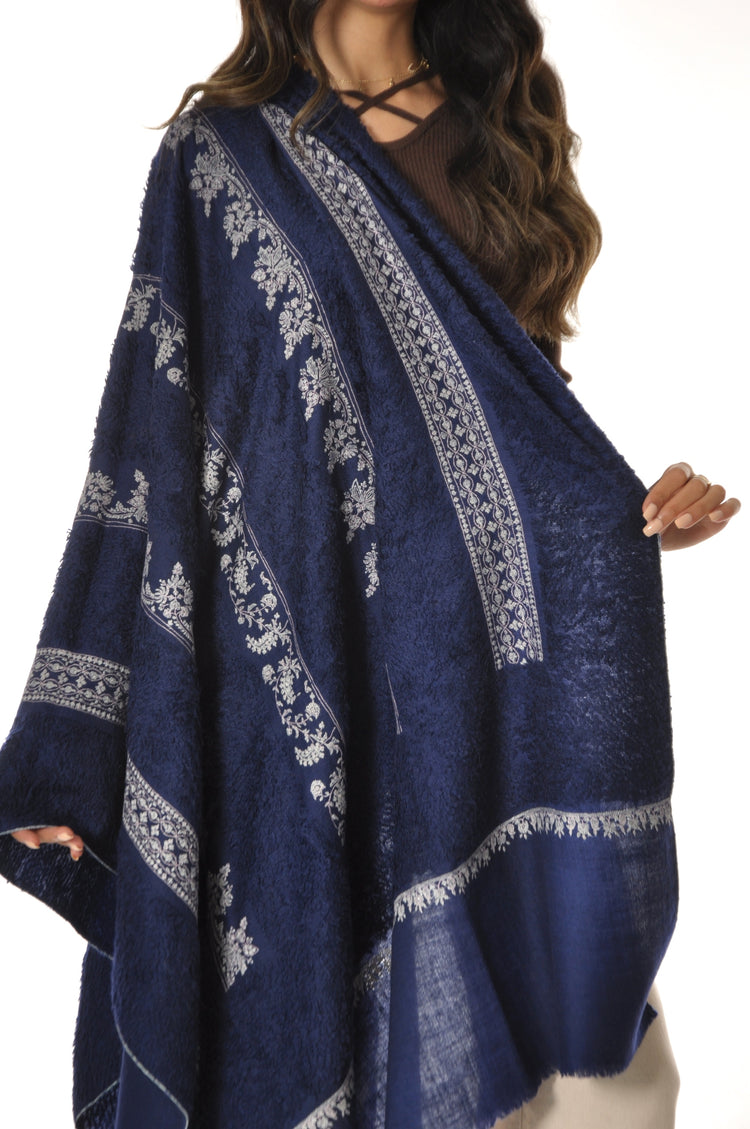 Embroidered Towel Pashmina - Navy