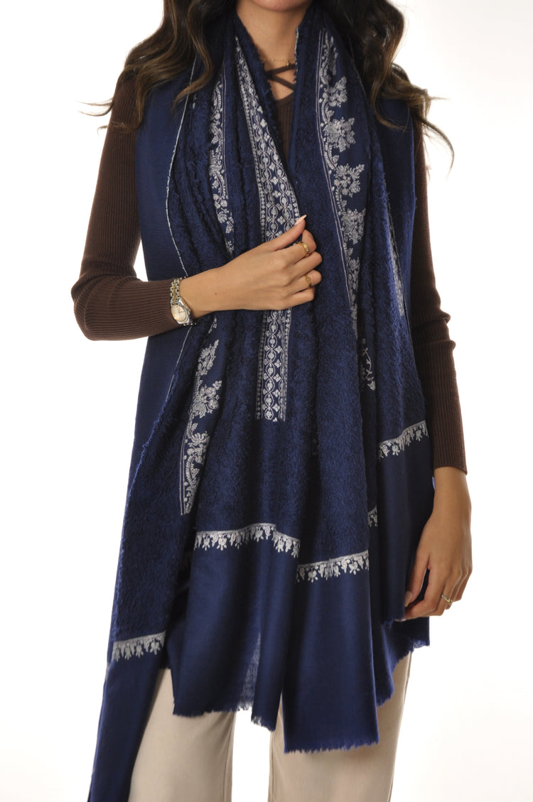 Embroidered Towel Pashmina - Navy