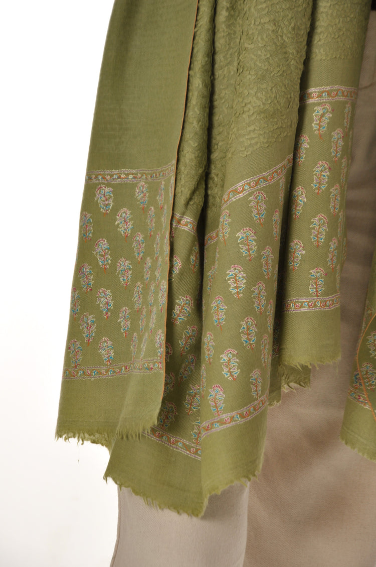 Embroidered Towel Pashmina - Olive