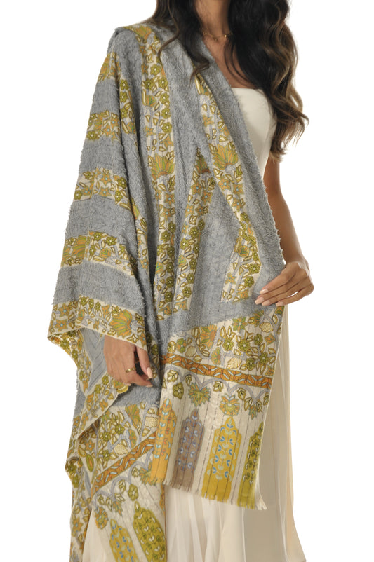 Kalamkari Towel Pashmina - Grey & Yellow