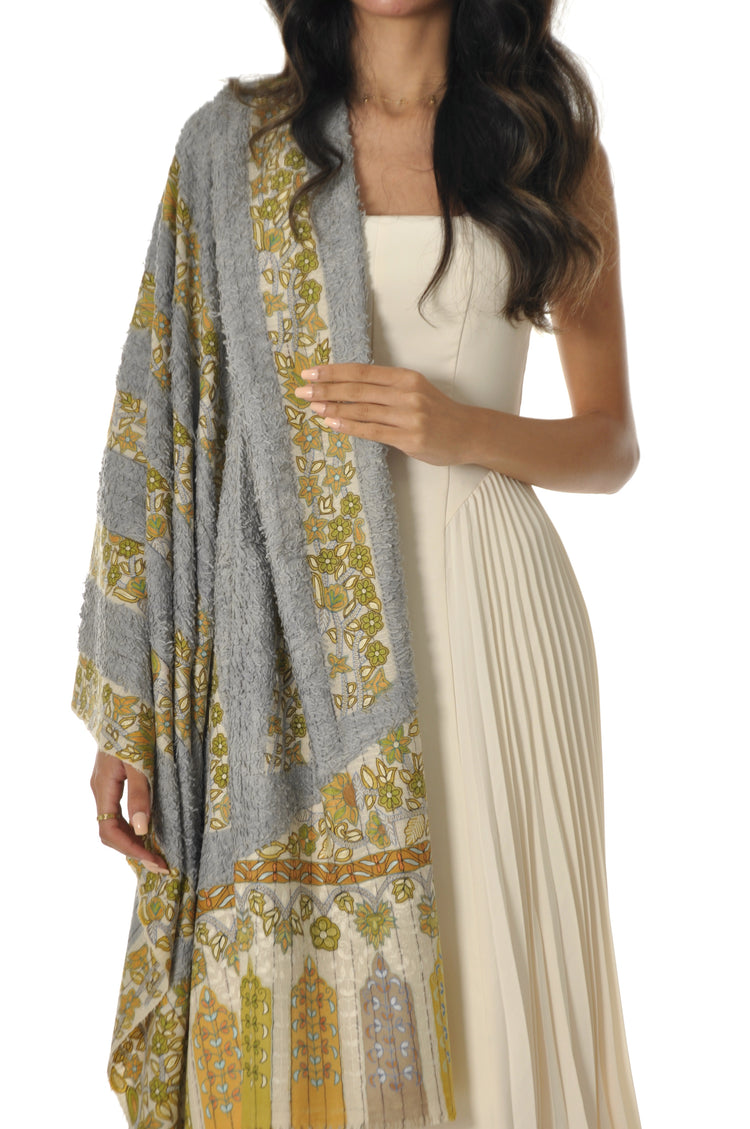 Kalamkari Towel Pashmina - Grey & Yellow