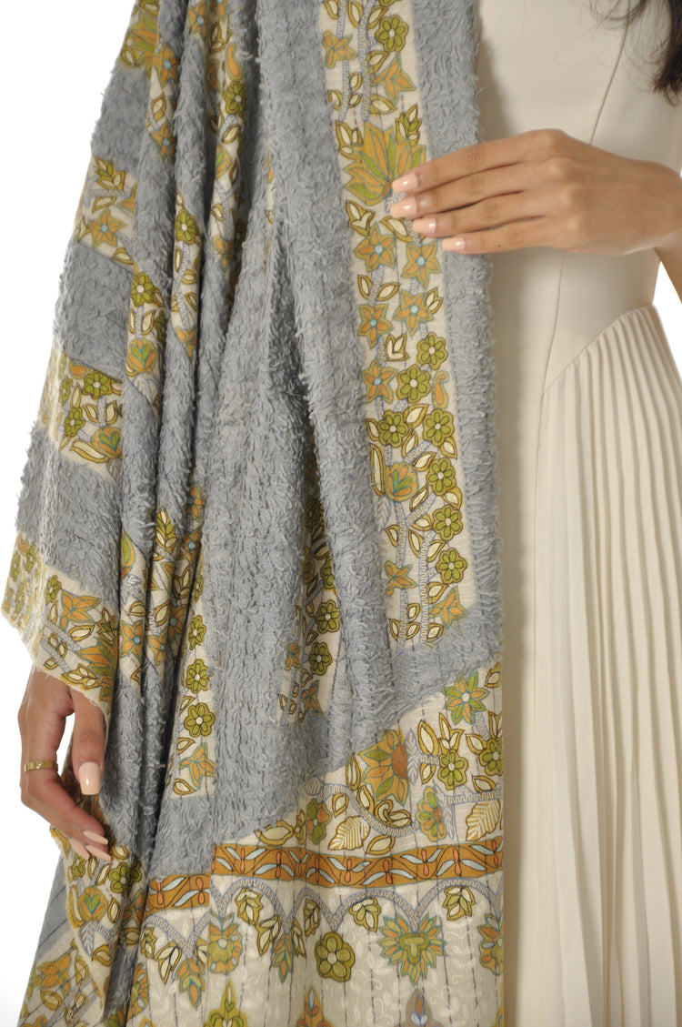 Kalamkari Towel Pashmina - Grey & Yellow