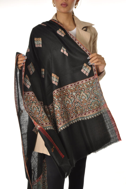 Embroidered Pashmina - Black with Paisley Embroidery