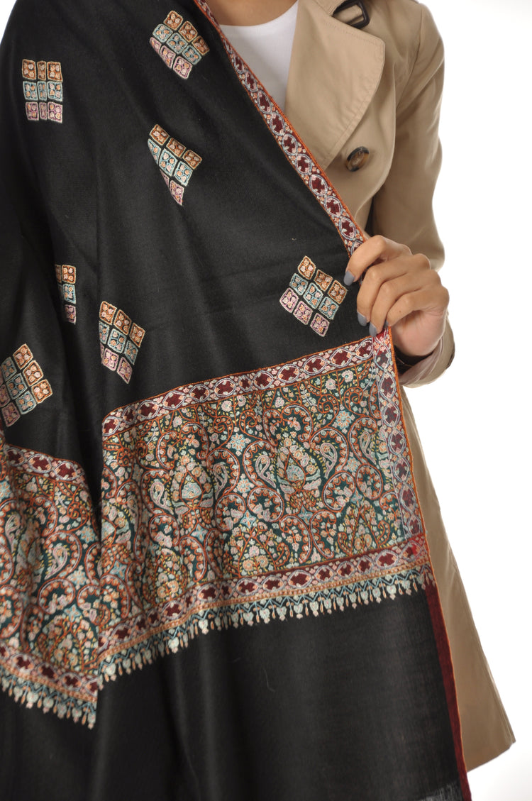 Embroidered Pashmina - Black with Paisley Embroidery