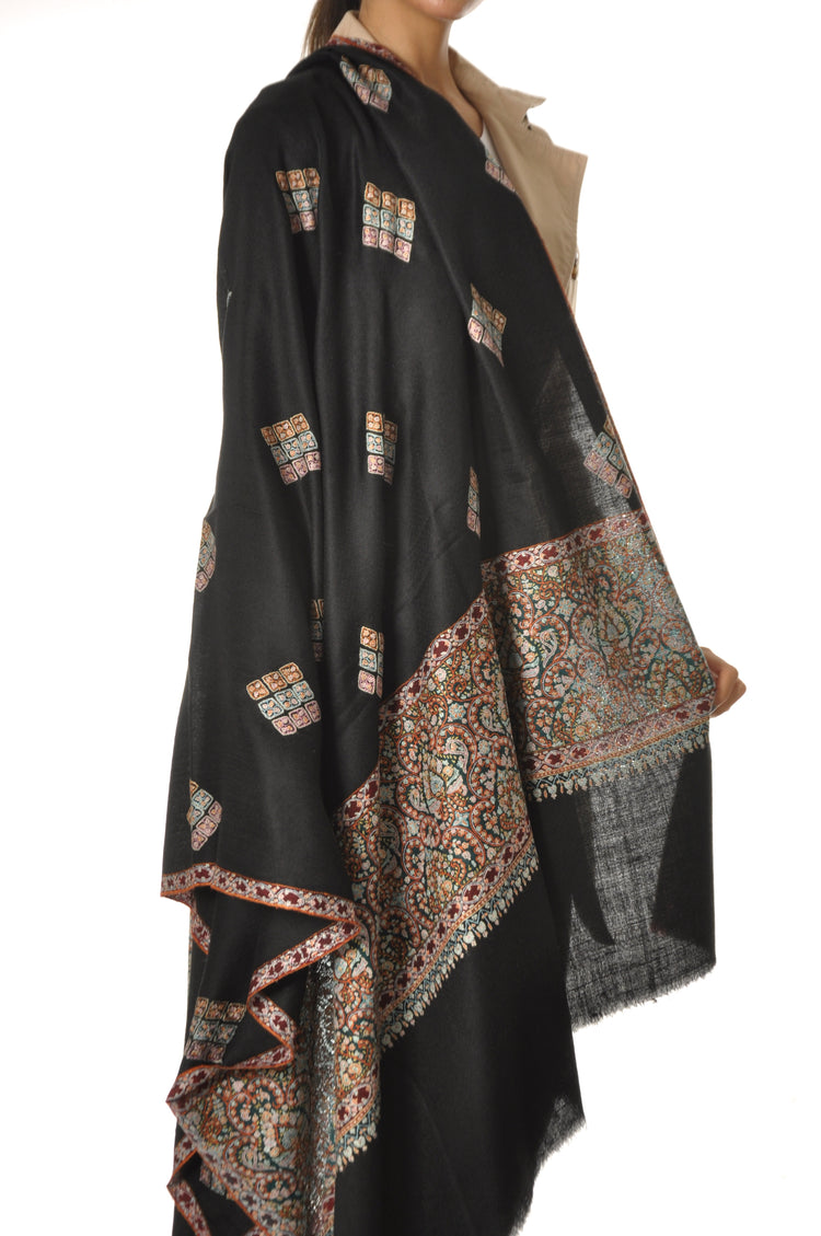 Embroidered Pashmina - Black with Paisley Embroidery