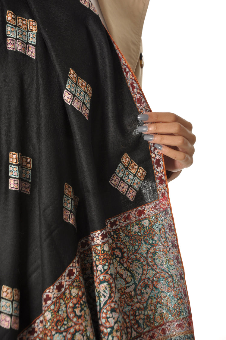 Embroidered Pashmina - Black with Paisley Embroidery