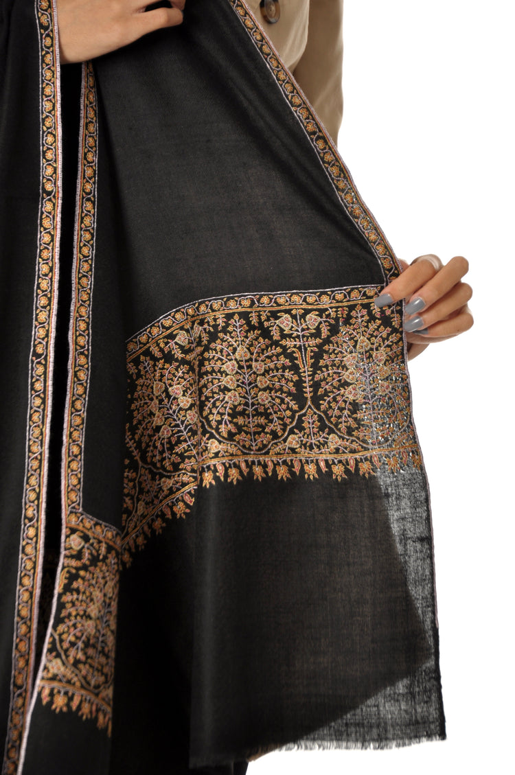 Embroidered Pashmina - Black orange embroidery