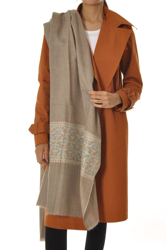 Thin Striped Border Pashmina - Beige Boarder Embroidery