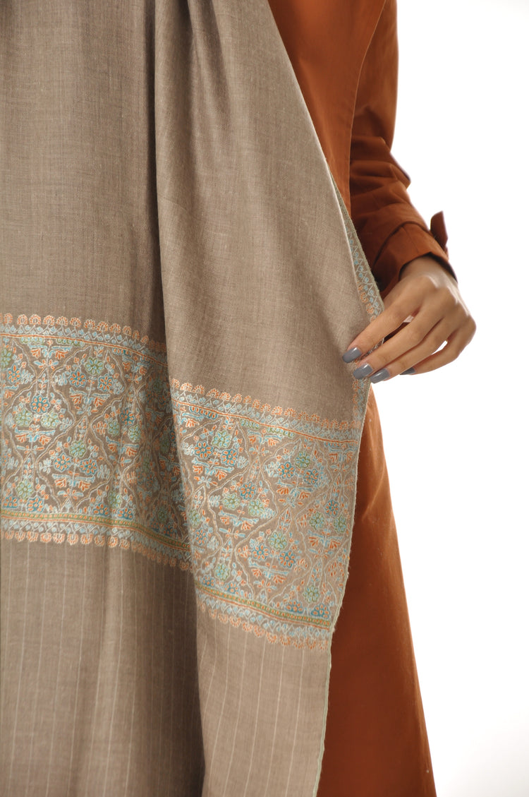 Thin Striped Border Pashmina - Beige Boarder Embroidery