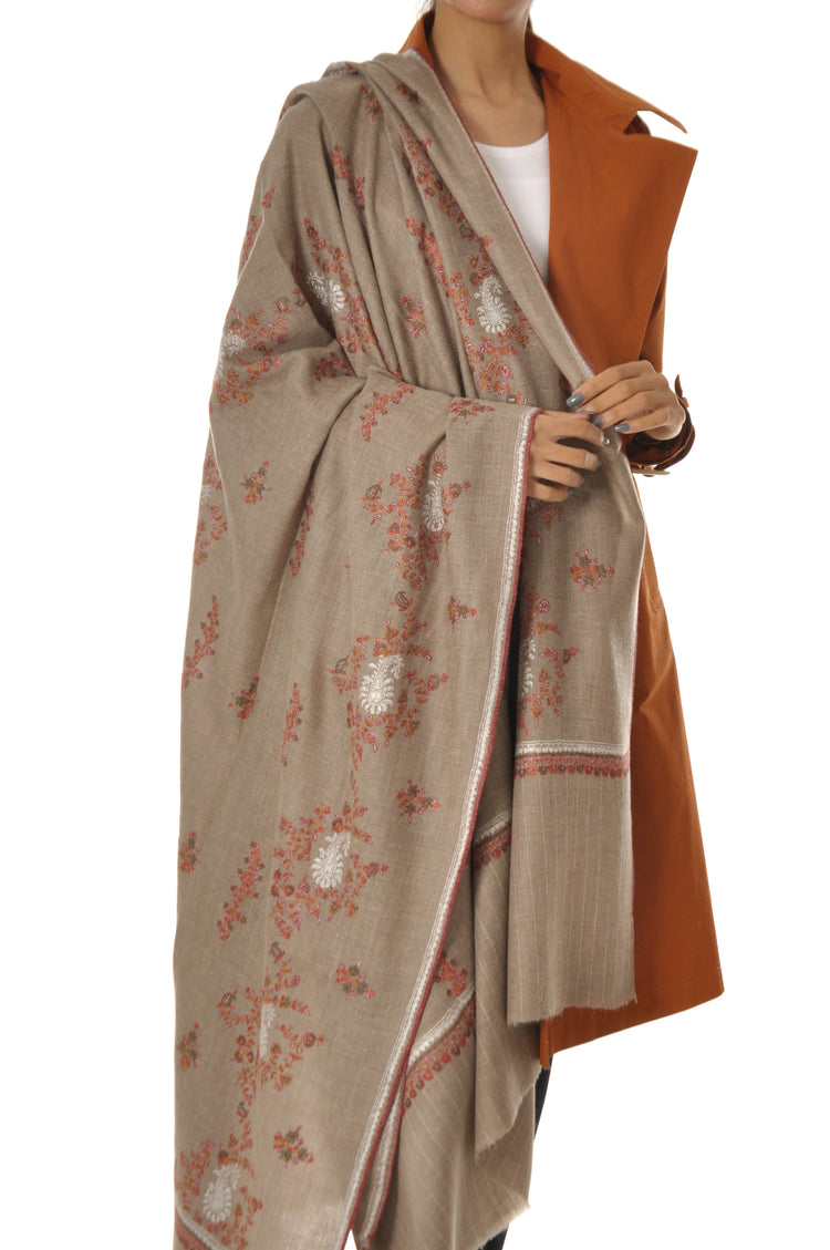 Thin Striped Border Pashmina - Beige with Red Embroidery