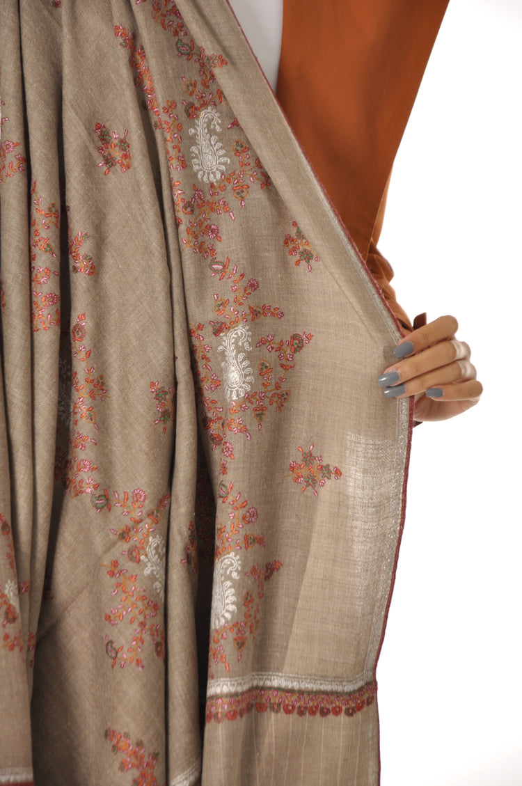 Thin Striped Border Pashmina - Beige with Red Embroidery