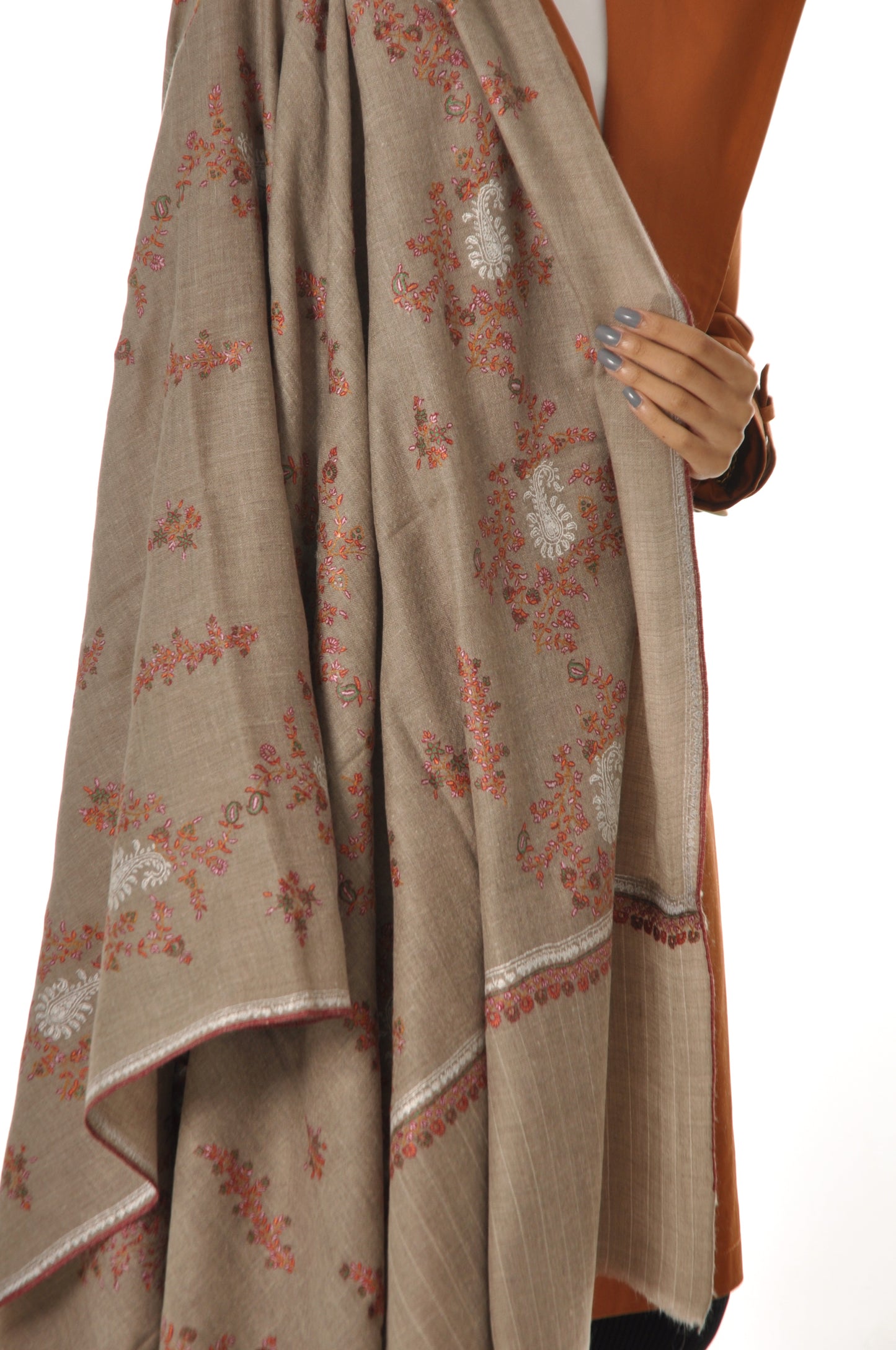 Thin Striped Border Pashmina - Beige with Red Embroidery