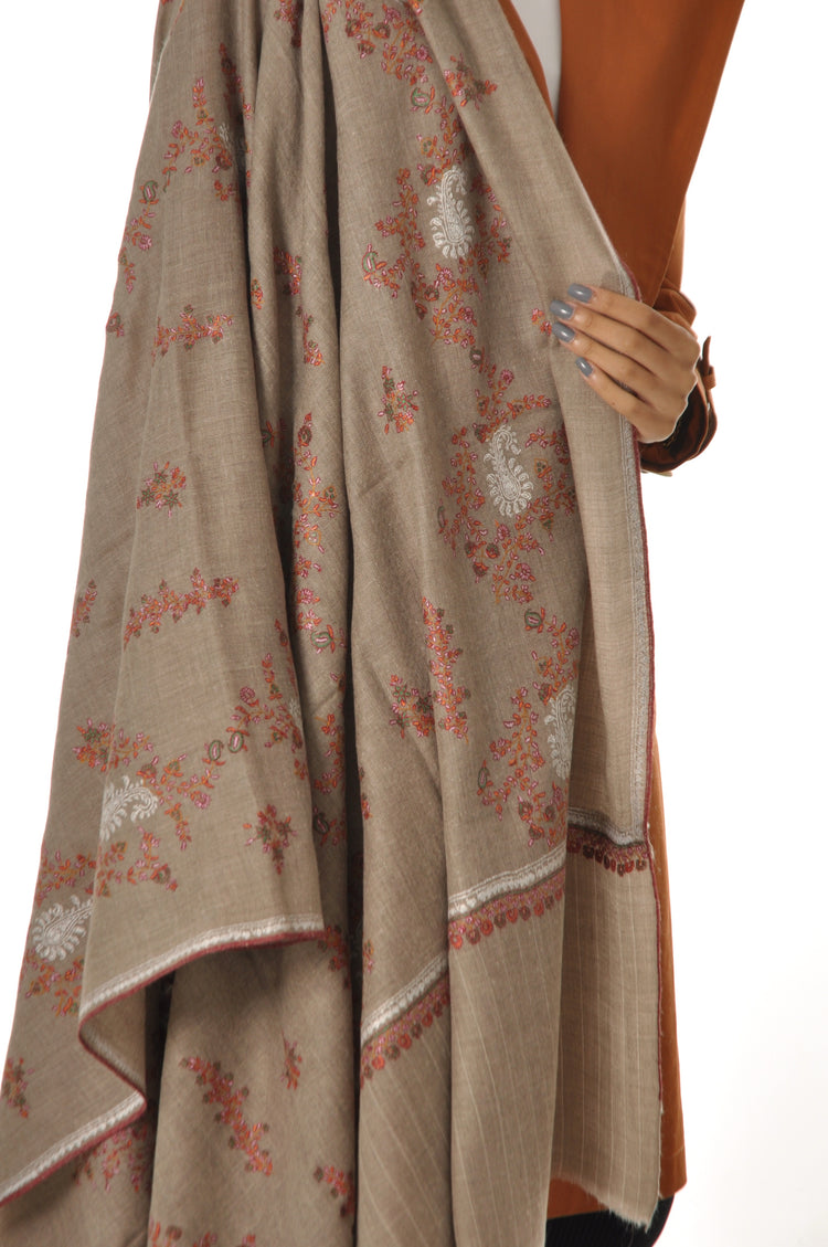 Thin Striped Border Pashmina - Beige with Red Embroidery