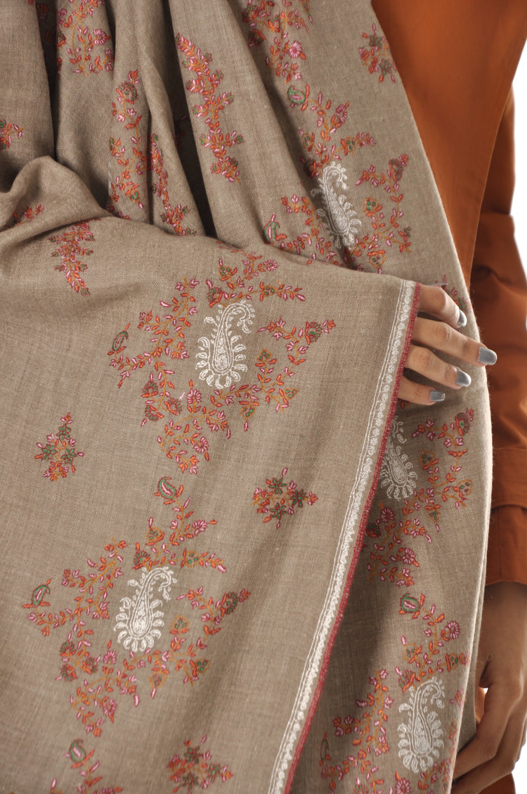 Thin Striped Border Pashmina - Beige with Red Embroidery