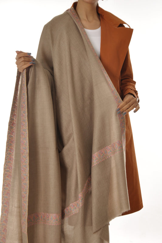 Embroidered Pashmina - Beige with Pink Boarders