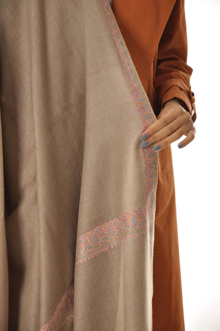 Embroidered Pashmina - Beige with Pink Boarders