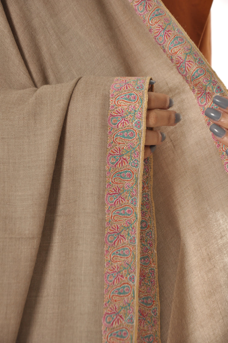 Embroidered Pashmina - Beige with Pink Boarders