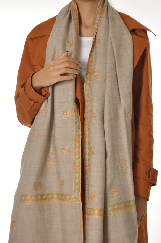 Embroidered Pashmina - Beige with Orange Embroidery