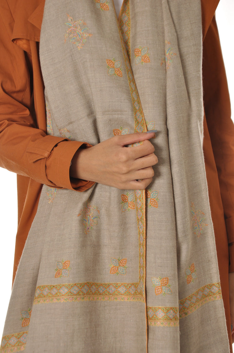 Embroidered Pashmina - Beige with Orange Embroidery