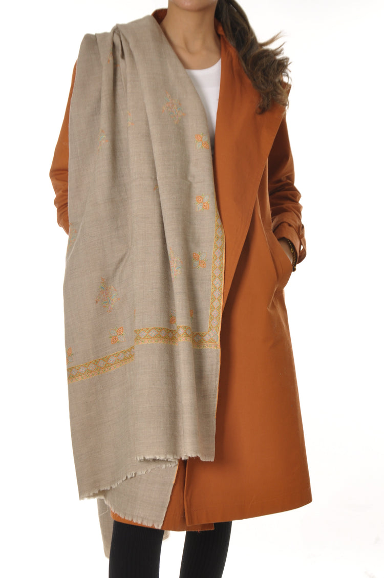 Embroidered Pashmina - Beige with Orange Embroidery