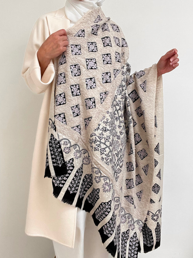 Kalamkari Towel Pashmina - Off White with Black Embroidery