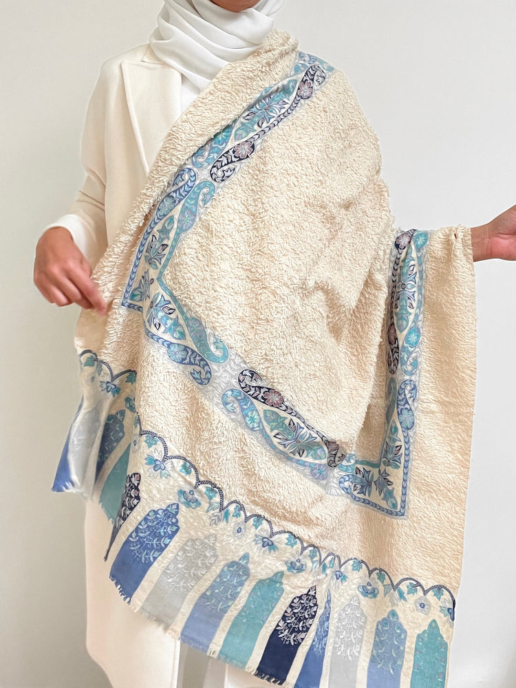 Kalamkari Towel Pashmina - Off White with Light Blue Embroidery