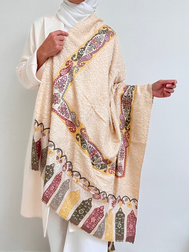Kalamkari Towel Pashmina - Off White with Olive Embroidery