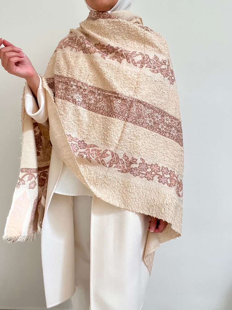 Kalamkari Towel Pashmina - Off White with Pink Striped Embroidery