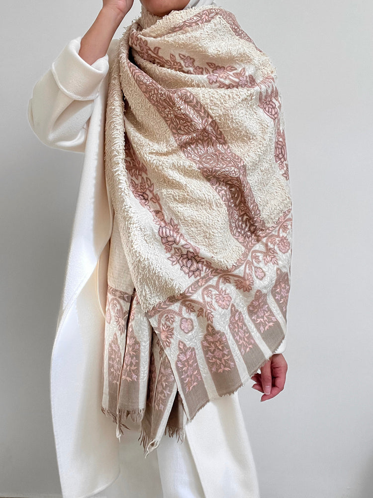 Kalamkari Towel Pashmina - Off White with Pink Striped Embroidery
