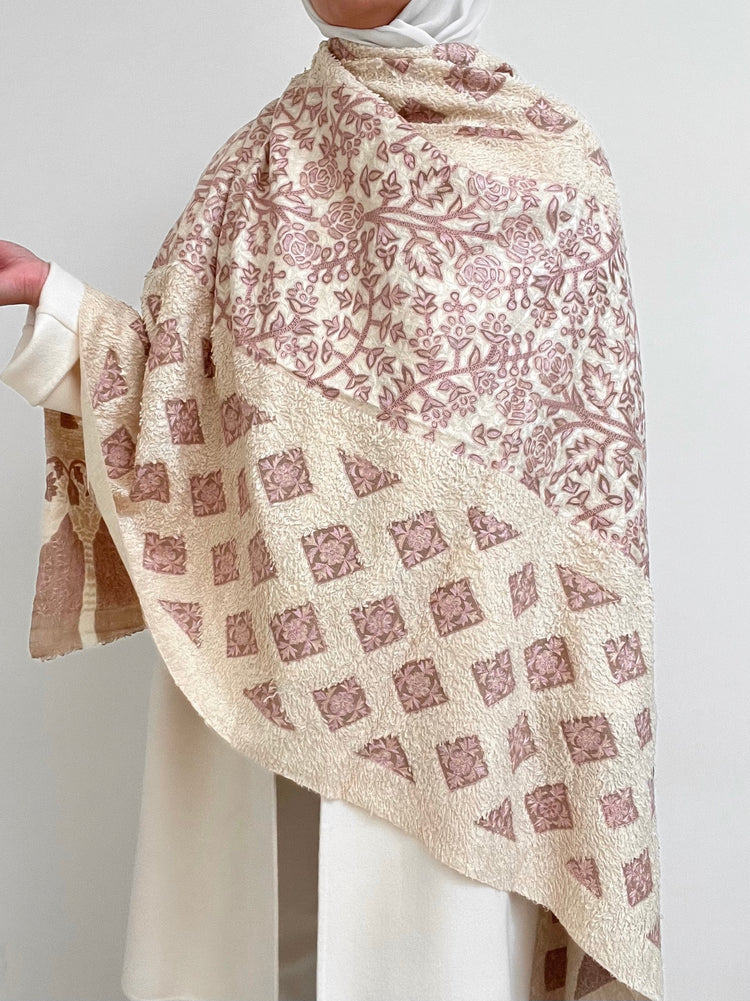 Kalamkari Towel Pashmina - Off White with Pink Embroidery