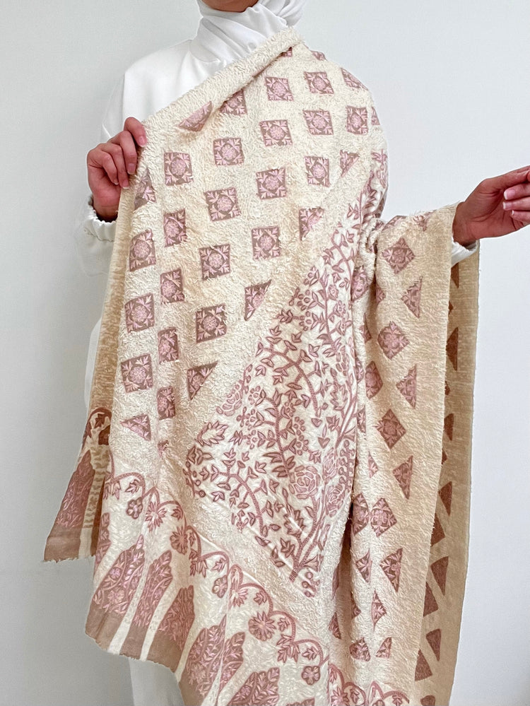 Kalamkari Towel Pashmina - Off White with Pink Embroidery