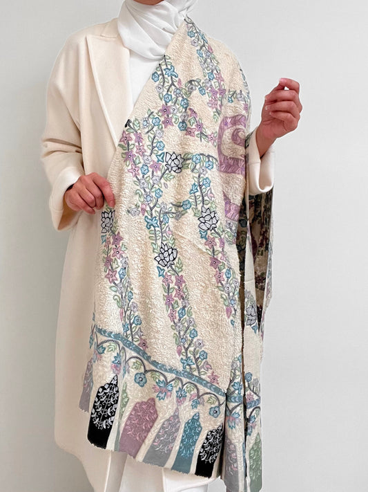 Kalamkari Towel Pashmina - Off White with Purple Embroidery