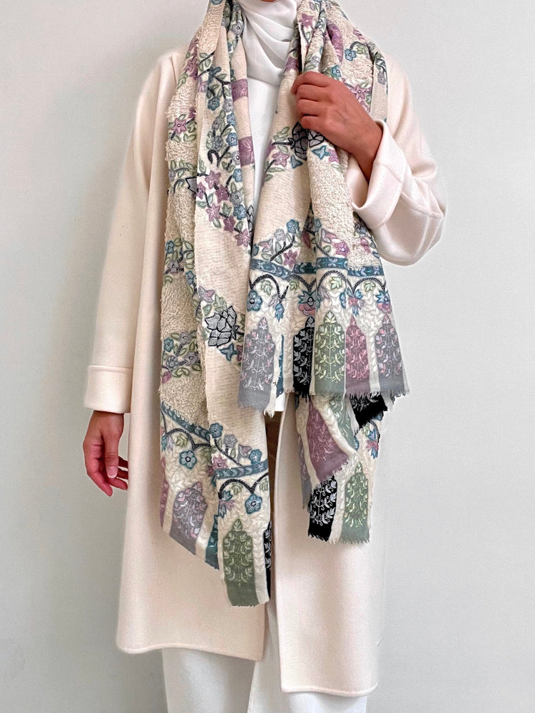 Kalamkari Towel Pashmina - Off White with Purple Embroidery