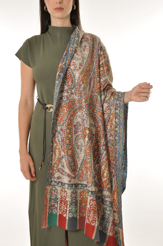 Kalamkari Pashmina - Red & Grey