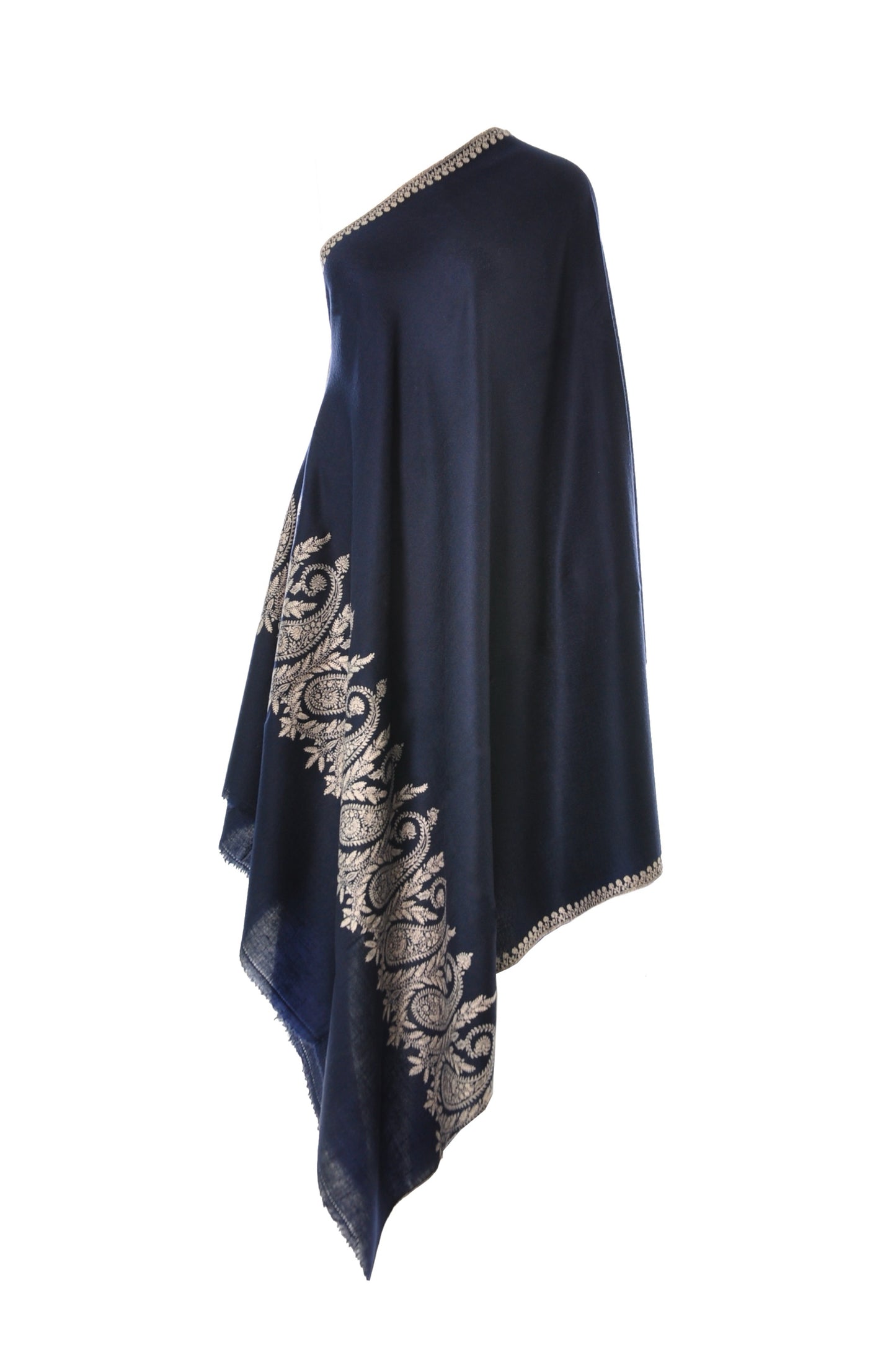 Embroidered Pashmina - Navy with White Paisley Embroidery