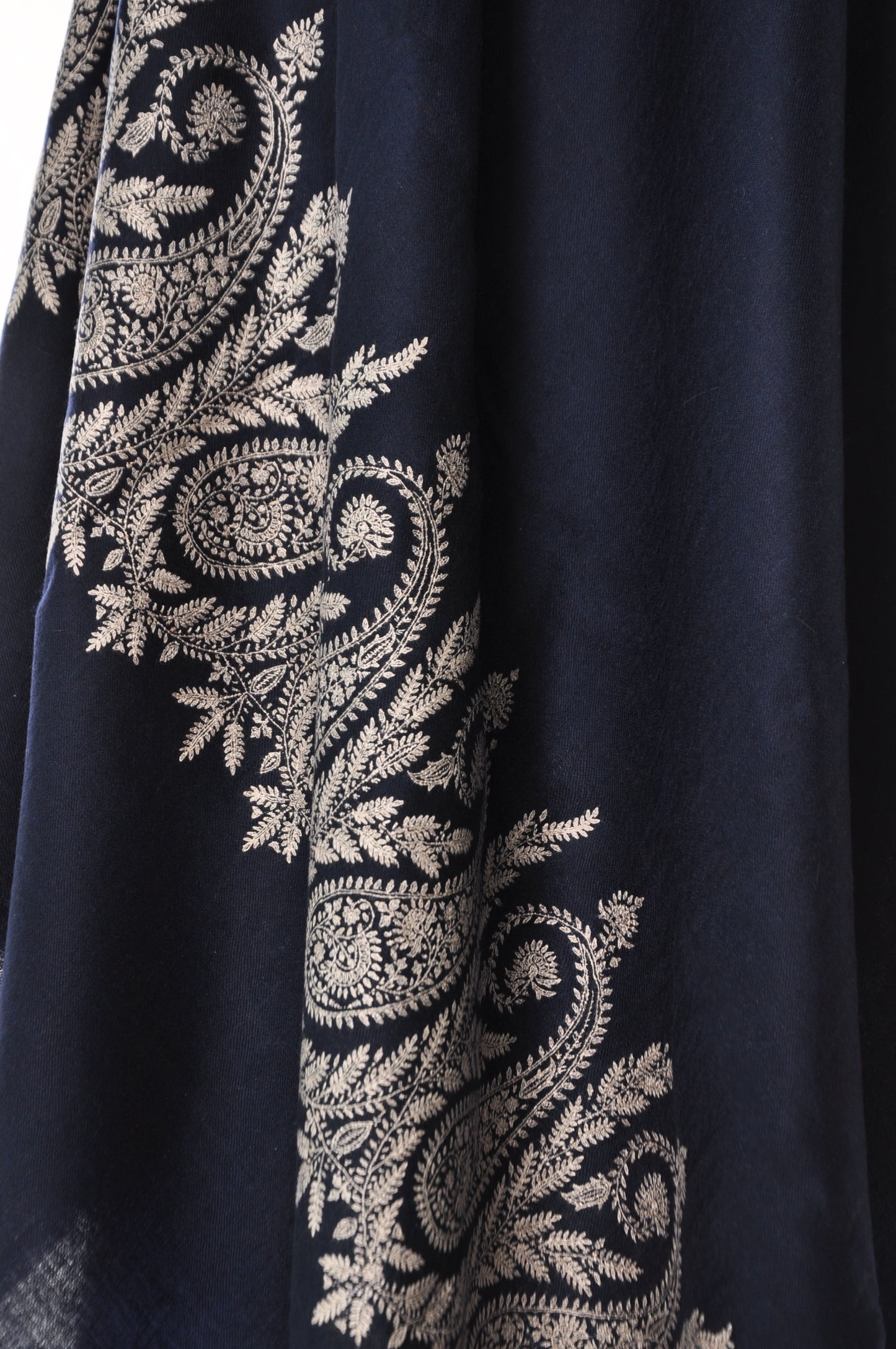 Embroidered Pashmina - Navy with White Paisley Embroidery