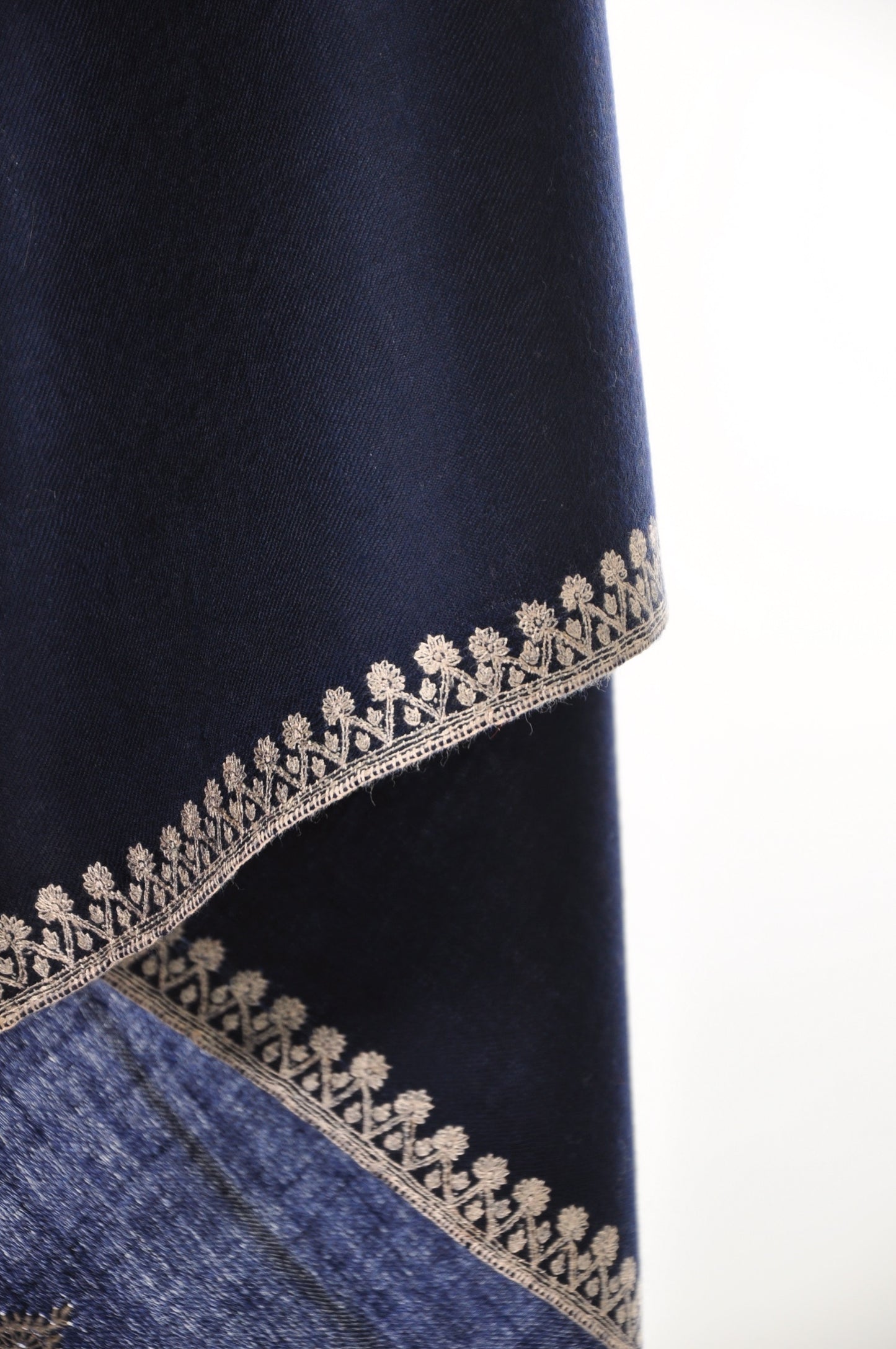 Embroidered Pashmina - Navy with White Paisley Embroidery