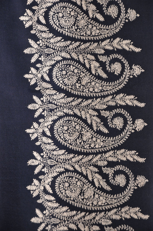 Embroidered Pashmina - Navy with White Paisley Embroidery