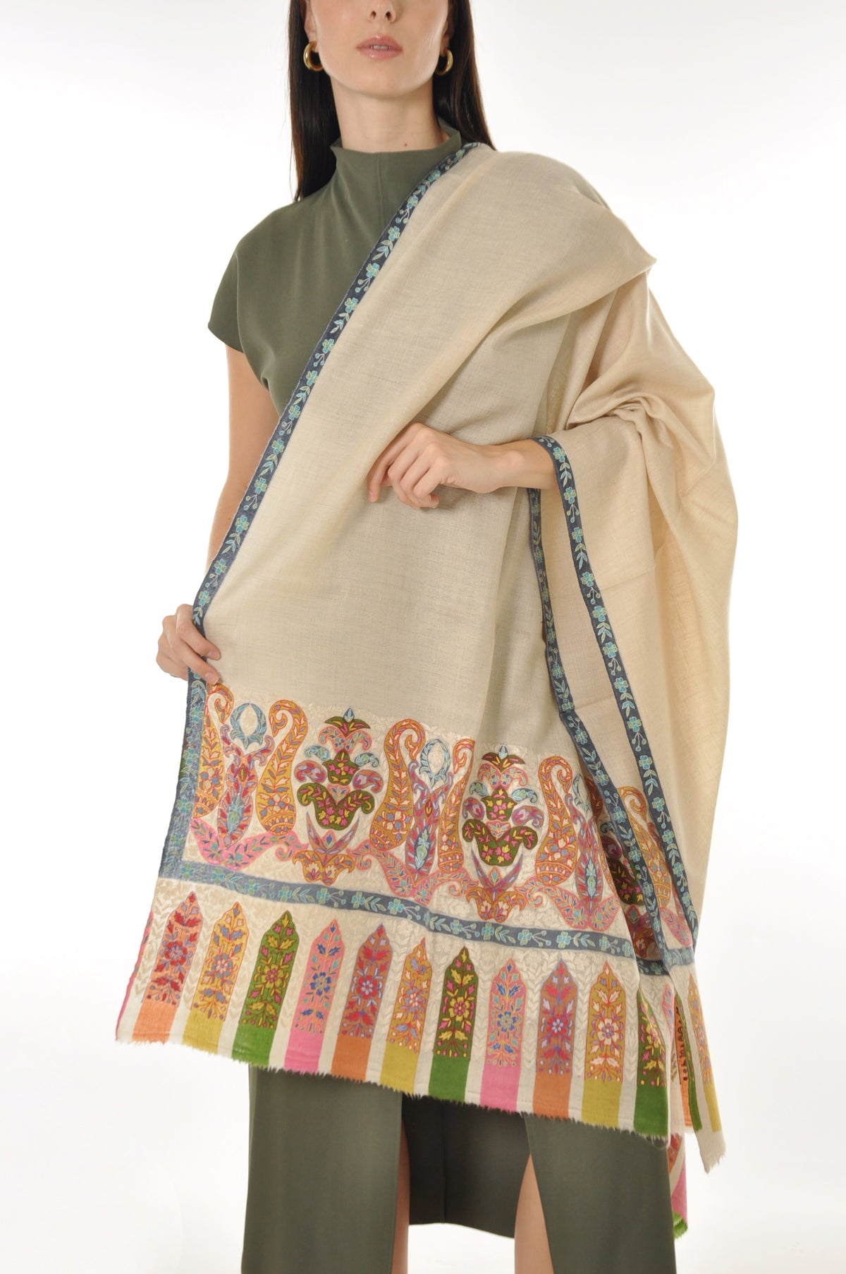 Kalamkari Pashmina - Yellow Boarder