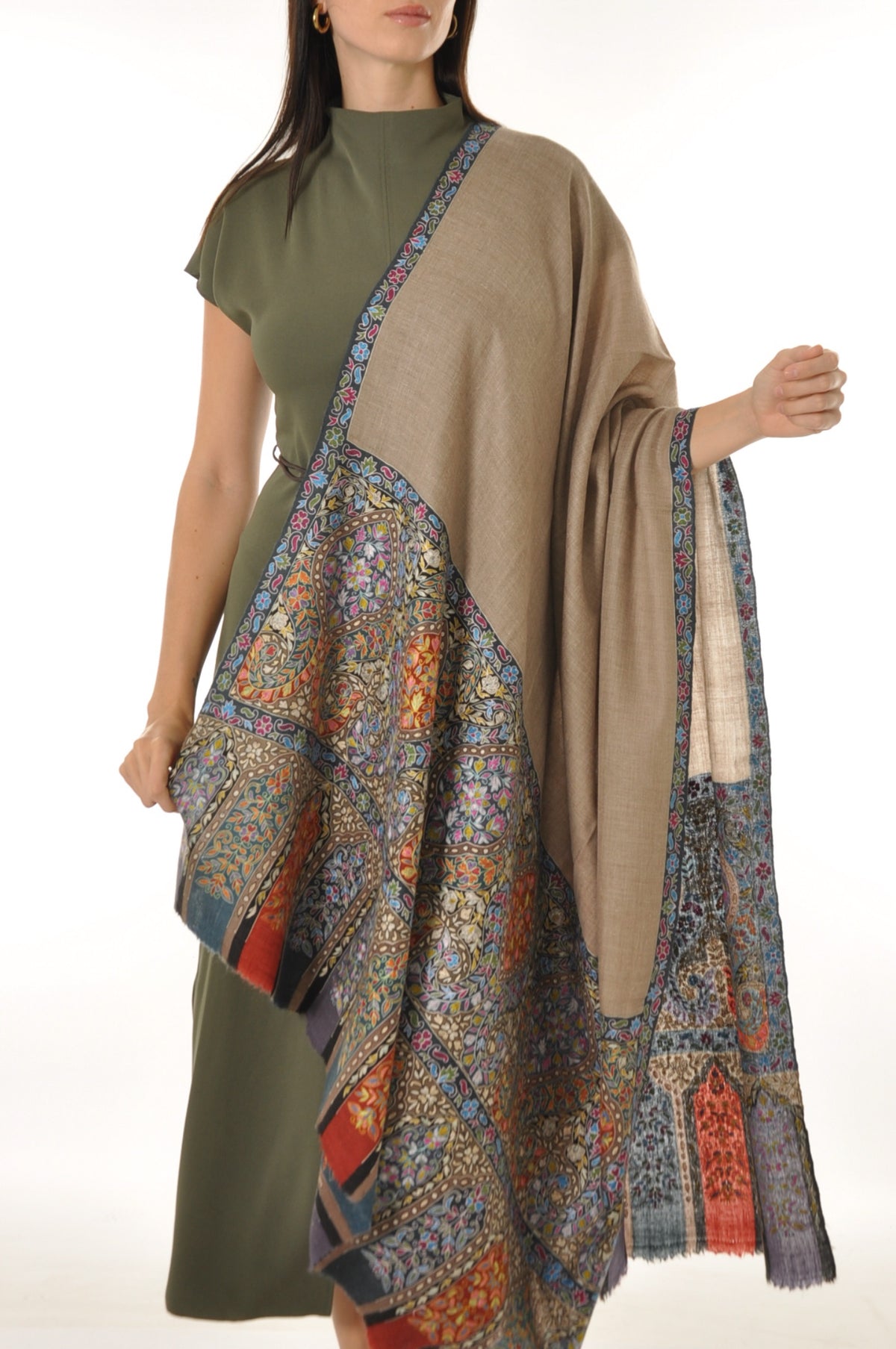 Kalamkari Pashmina - Bluish Boarder