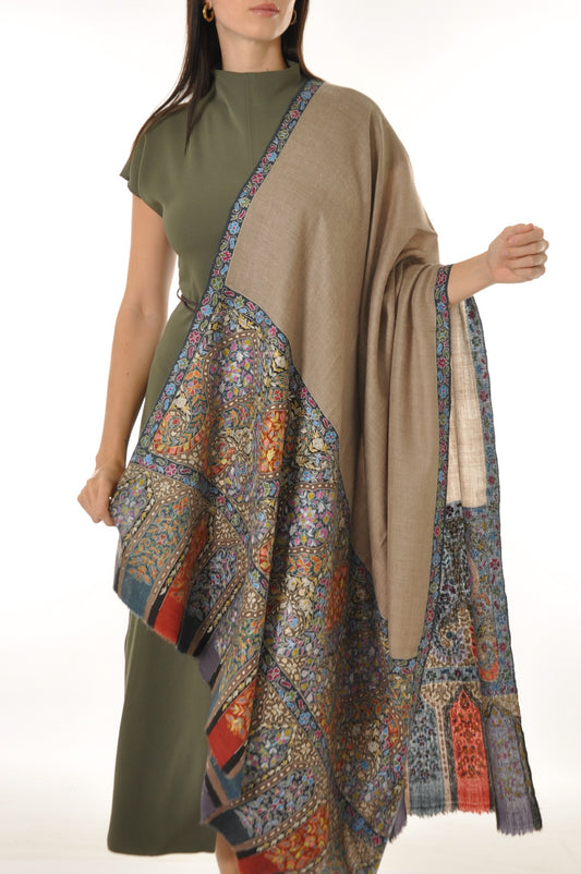 Kalamkari Pashmina - Bluish Boarder