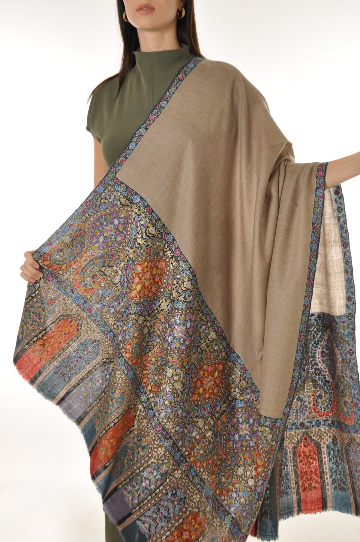 Kalamkari Pashmina - Bluish Boarder