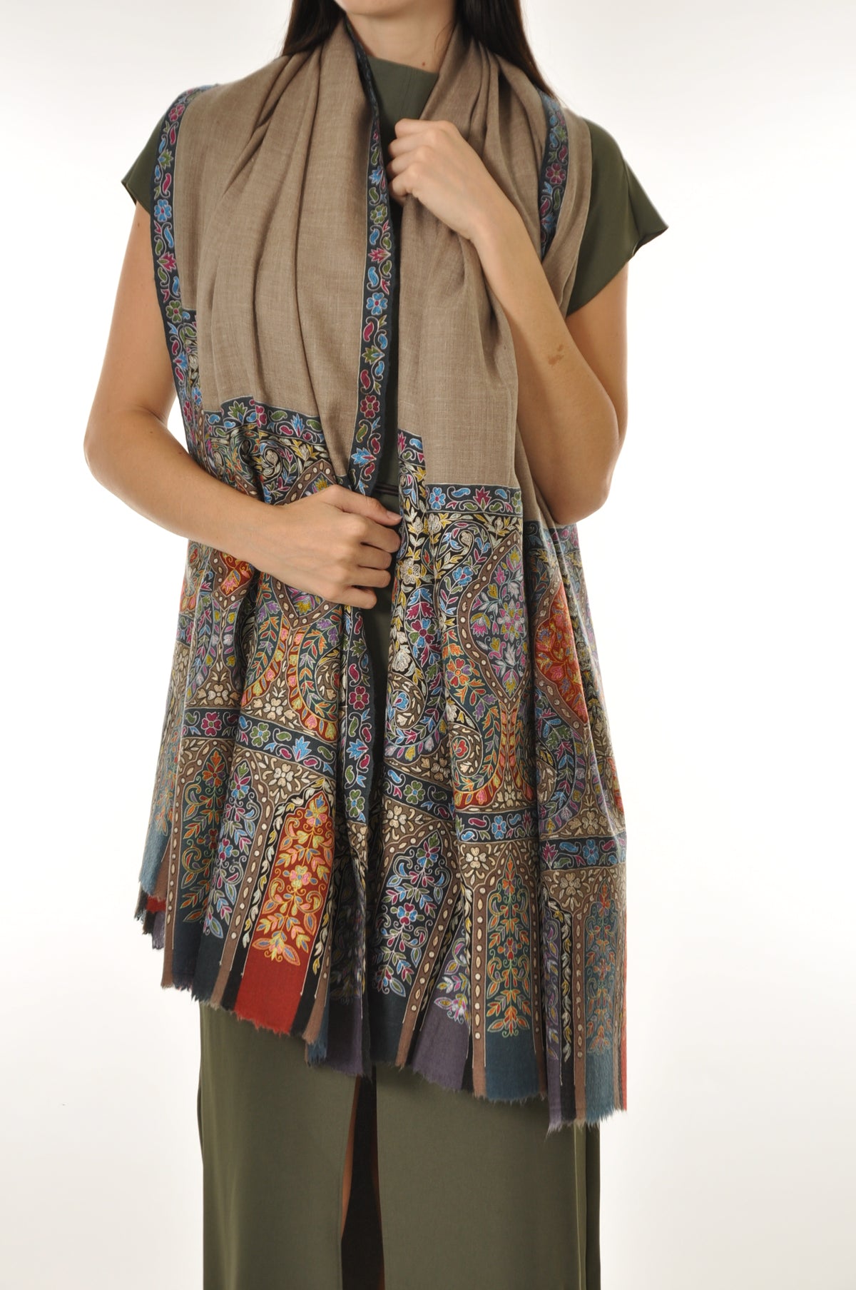 Kalamkari Pashmina - Bluish Boarder