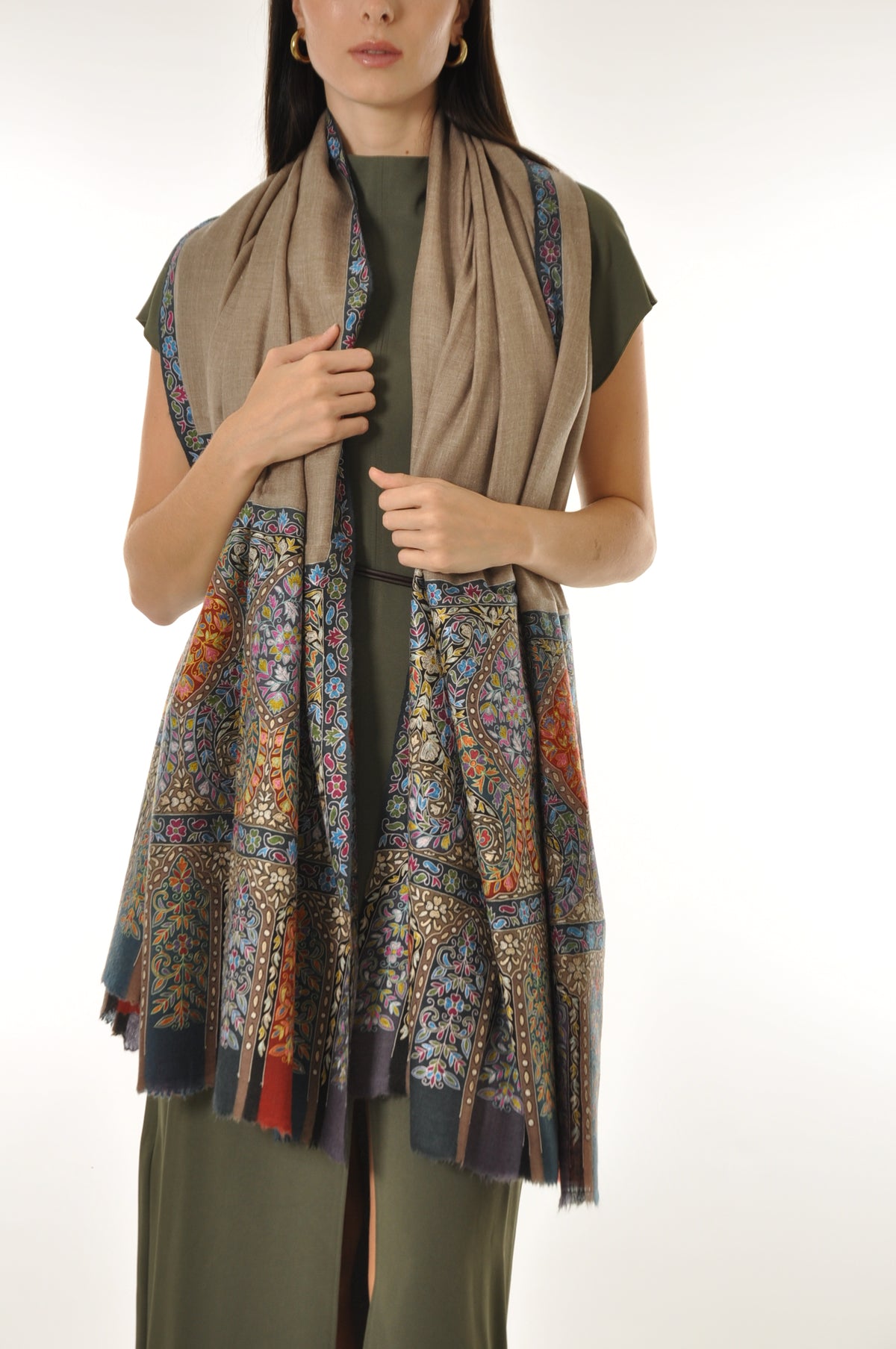 Kalamkari Pashmina - Bluish Boarder